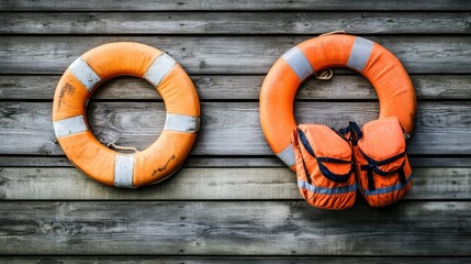 Lifebuoy and bright orange life jacket placed on a weathered wooden background, emphasizing their role in rescue operations and maritime safety.