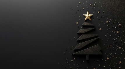 Minimalist black Christmas tree design with a gold star on top and scattered golden decorations on a dark background
