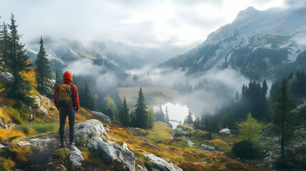 Obraz premium A lone hiker stands on a mountain path overlooking a valley shrouded in fog.
