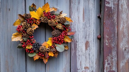 Autumn wreath with colorful leaves berries and pine cones hanging on faded wooden wall