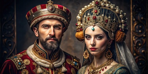 Obraz premium A Male And Female Wearing Elaborate Attire And Accessories, Symbolizing Royalty And Prestige.
