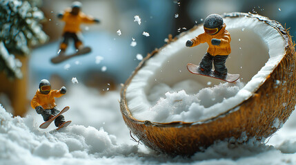 Naklejka premium A realistic snowboarding scene inside a half coconut, with miniature figures performing tricks and jumps