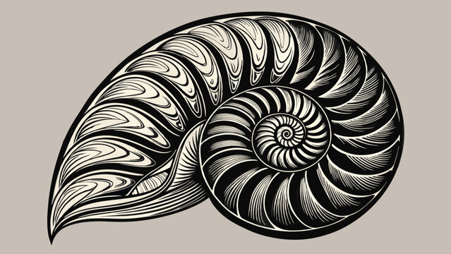 recommend clip art: Monochrome Nautilus Shell Tattoo Design with Spiral Pattern on Grey Background
                    
                    