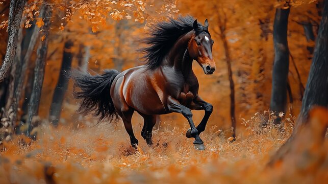nice looking trees and attractive looking black horse in autumn