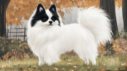 Detailed Illustration of a 3kg German Spitz Breed Dog with a White and Black Fluffy Coat, Standing on a Grassy Field. The Background Features Trees and a Fence, Capturing the Dog's Adorable Appearance