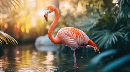 Fototapeta premium Cute and beautiful image of flamingo bird in water