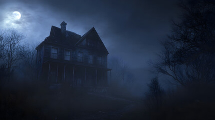 Fototapeta premium An old haunted house in a remote area at night, quiet and mysterious, gives off a creepy and creepy feeling.