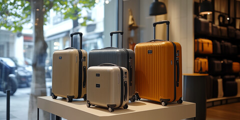 Luggage collection displayed in luxury travel store. Concept of vacation preparation and travel.