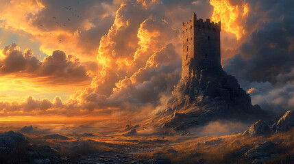 Obraz premium A lonely tower stands on a rocky hilltop, silhouetted against a fiery sunset sky.