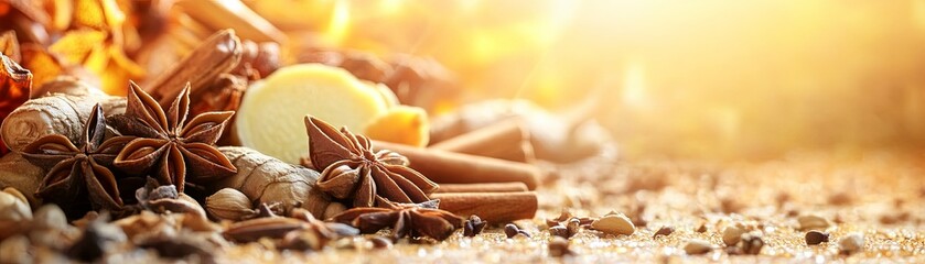 Aromatic spices including star anise, cinnamon sticks, cloves, and ginger root arranged on a wooden surface in warm, natural lighting.