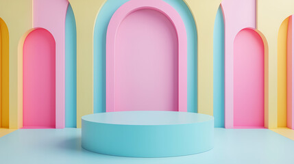 Pastel green empty circular product display podium against backdrop of archways