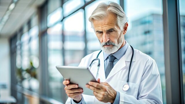 A mature male doctor in a white coat holds a stethoscope and looks at a tablet with a concerned expression in a hospital setting.