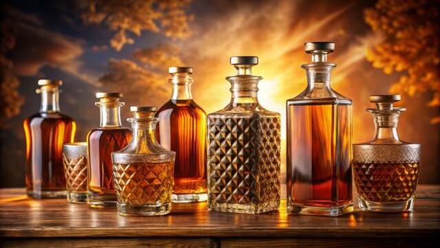 Amber liquid fills ornate glass whiskey bottles, adorned with intricate labels and elegant stoppers, arranged on a