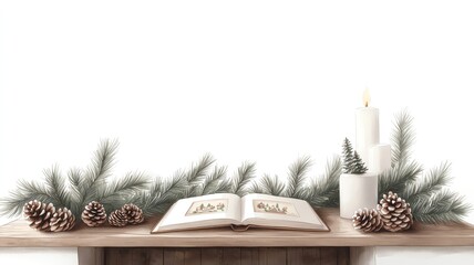 A cozy fireplace adorned with pinecones and seasonal garlands, with a Christmas storybook open on a rustic coffee table, Christmas, Seasonal