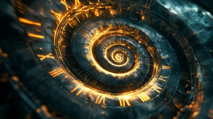 A swirling clock face with Roman numerals glows with an inner fire.