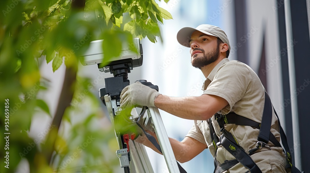 Poster man working on installing a cctv camera from a stepladder, capturing the detailed work involved in t