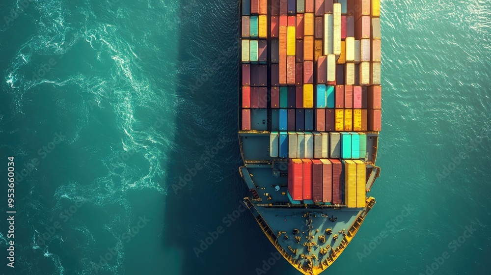 Poster maritime container cargo ship in the harbor, loaded with containers ready for export. visualizing th