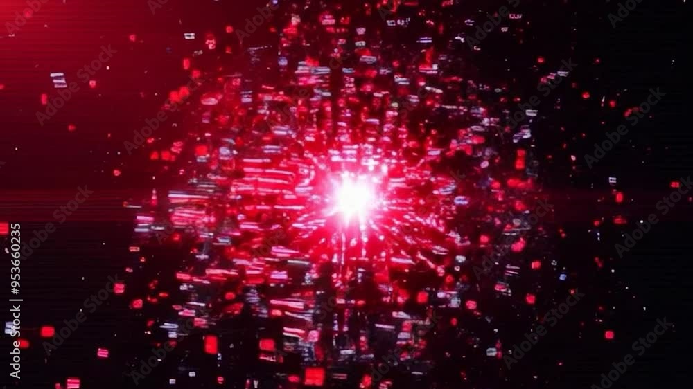 Poster digital abstract technology background with glowing red code binary data particles bokeh lights motion video