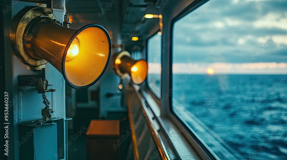 Poster megaphone for emergency alarms positioned on a ship bridge with a view of the ocean through the wind