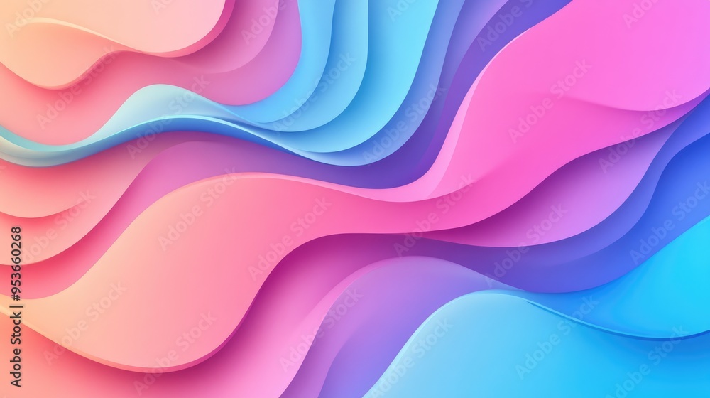 Poster multicolored abstract waves creating a gradient from pink to blue, with smooth transitions and vibra