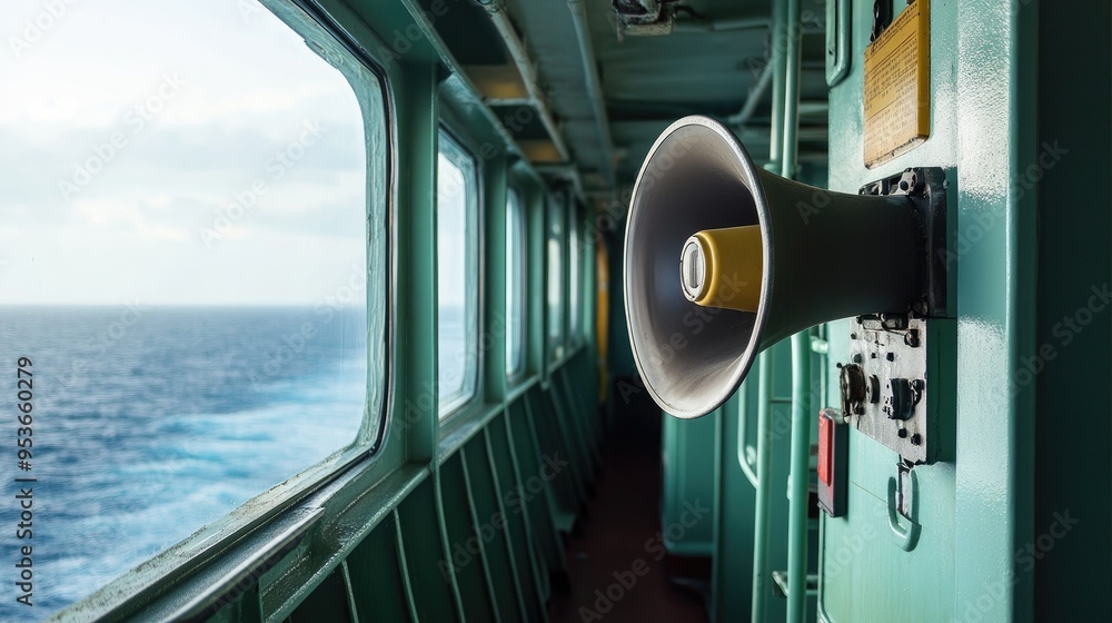 Poster megaphone for emergency alarms positioned on a ship bridge with a view of the ocean through the wind