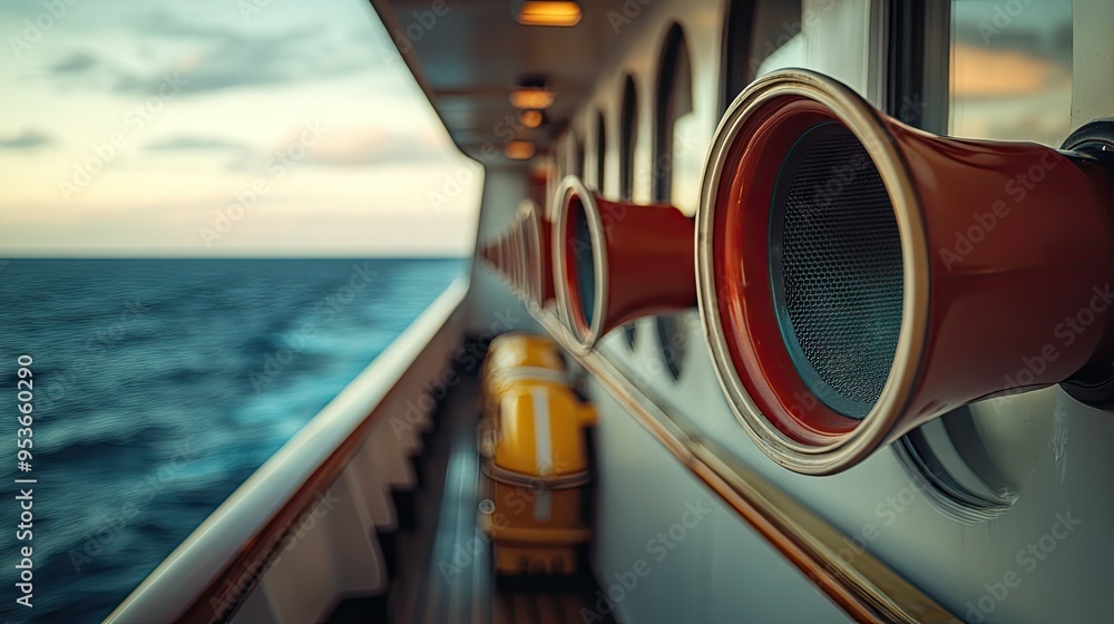 Poster megaphone for emergency alarms positioned on a ship bridge with a view of the ocean through the wind