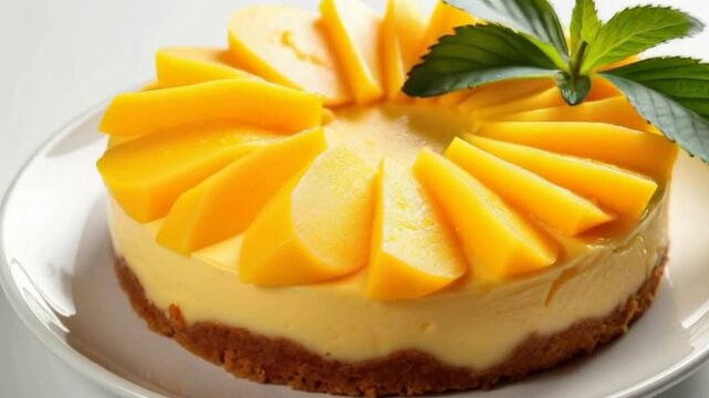 fresh mango cheesecake on white plate with mint garnish restaurant food video