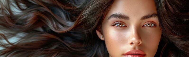 Obraz premium Woman with long hair and a necklace on, banner, copy space