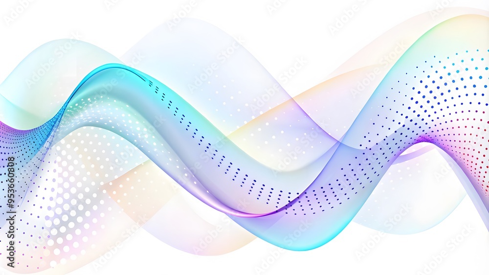 Poster a digital illustration of a white background with an abstract wave pattern made from small colorful 