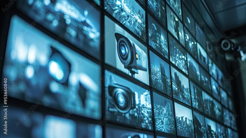 Poster multiple cctv security cameras displayed on a control room monitor screen, showing live feeds from v