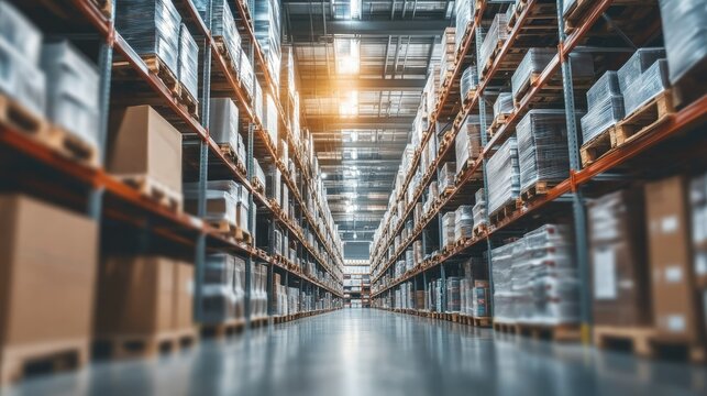 Modern warehouse interior with a blurred background of shelves stacked with various products, illustrating the large scale and logistics operations.