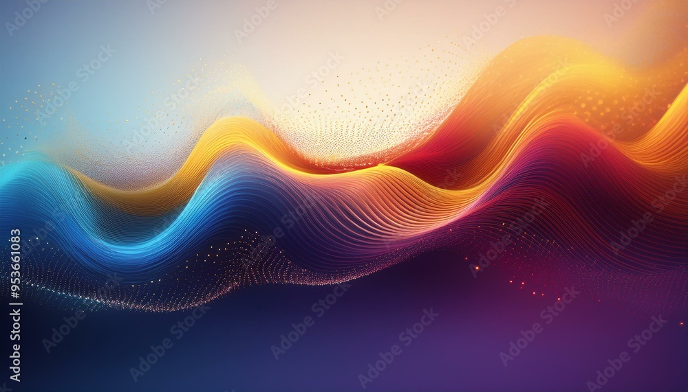 Poster a digital illustration of a white background with an abstract wave pattern made from small colorful 