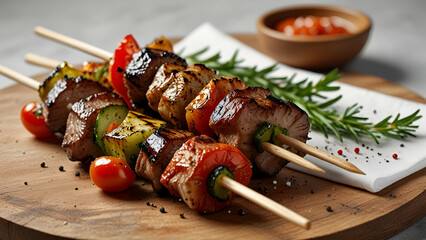 Set of delicious grilled kebabs on skewers, perfect for a flavorful barbecue feast