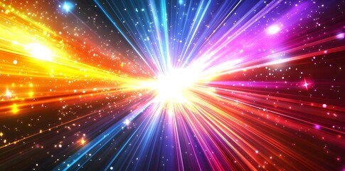 Naklejka premium Bright colorful rays of light burst outwards from a central point, resembling a starburst or cosmic explosion.