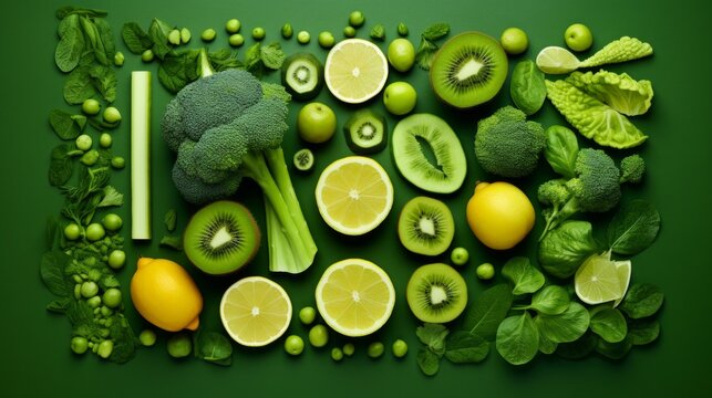 Large collection of green fruit and vegetable pieces and slices top view. Neural network ai generated art
