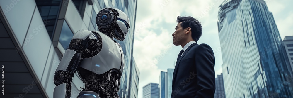 Aufkleber The Future of Business Exploring and Analyzing HumanRobot Interaction in a Modern Urban Cityscape Connected by Technology and Innovation, Where Business Meets Robotics and Automation for Growth