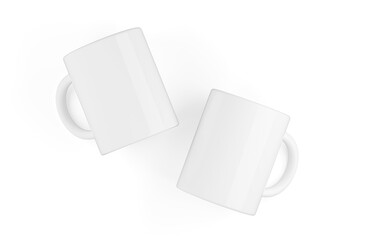 Two classic white mugs or cups template mock-up front and back view laying on white background