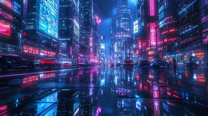 Fototapeta premium A breathtaking view of a futuristic city bathed in neon lights, with high-tech buildings, floating holograms, and streets illuminated in vivid colors