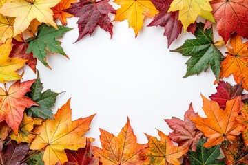 Fototapeta premium Autumn Maple Leaves Flat Lay White Background created with Generative AI