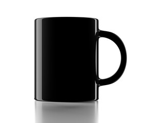 Classic black mug or cup template mock-up front view over white background with reflection