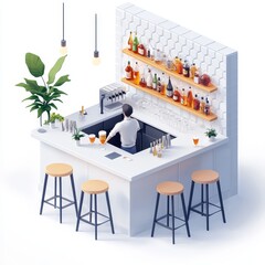 Isometric Illustration of 3d cocktail bar interior with bartender,cafe soft drink