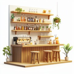 Isometric Illustration of 3d cocktail bar interior with bartender,cafe soft drink