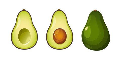 Two halves of fresh avocado isolated on white background.
