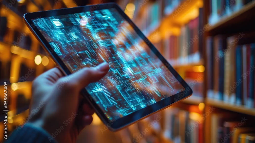 Poster transparent tablet displaying digital information, held by a hand in a modern library with illuminat