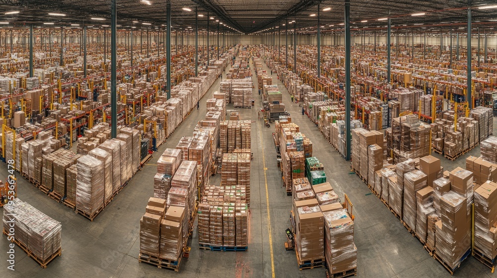 Poster panoramic view of a logistics warehouse with extensive stored inventory, including well-organized ro