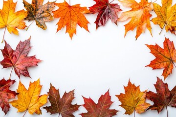 Fototapeta premium Autumn Maple Leaves Flat Lay White Background created with Generative AI