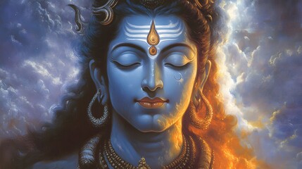 A close-up portrait of Shiva, a Hindu deity, with his eyes closed and a serene expression. He is adorned with jewelry and a third eye, and is surrounded by a background of clouds and light.