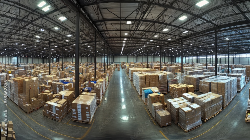 Poster panoramic view of a logistics warehouse with extensive stored inventory, including well-organized ro
