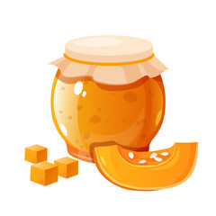 Glass jar of pumpkin jam with slice and cubes of pumpkin near isolated on white background.
