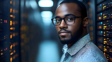 A man in glasses looks intently at the camera, standing in a server room.